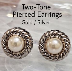 Pearl Cable Earrings Two-Tone Cable Silver Rhodium Gold Plated